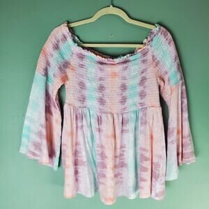 Torrid Women's Multicolor Babydoll Smocked Off Shoulder Bell Sleeve Top Size 1